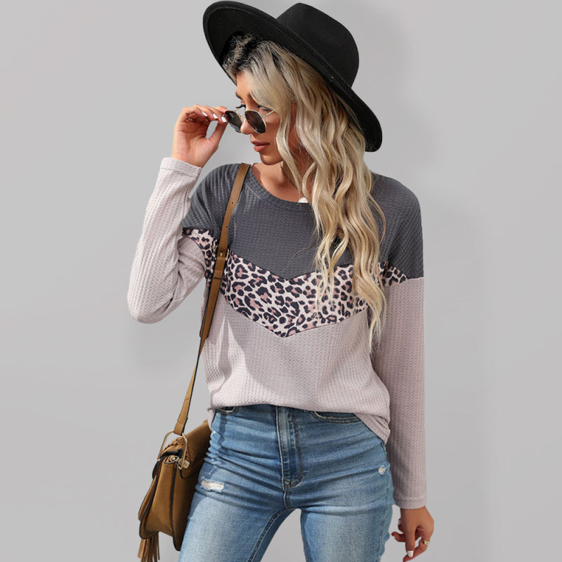 Women's leopard print stitching striped long-sleeved T-shirt - Closther