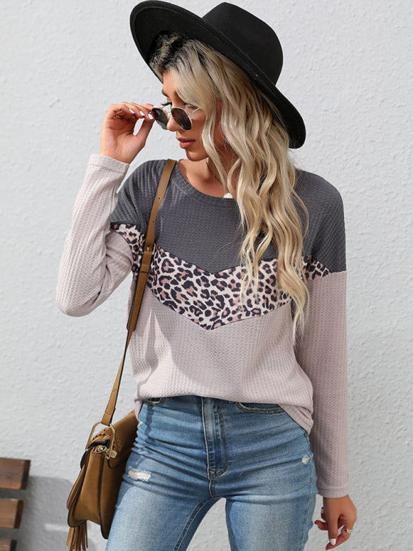 Women's leopard print stitching striped long-sleeved T-shirt - Closther