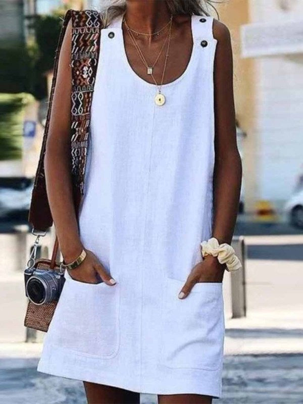 Neues Damen-Trägerkleid aus Baumwollleinen mit Taschen und Knöpfen 