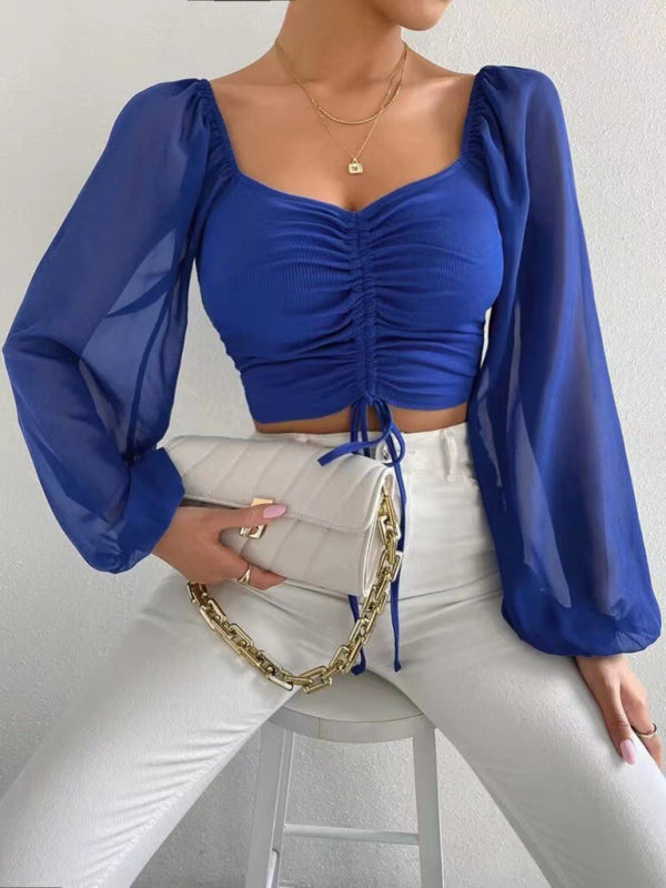 Drawstring Knit Paneled Chiffon Top Feminine Top European and American - Closther