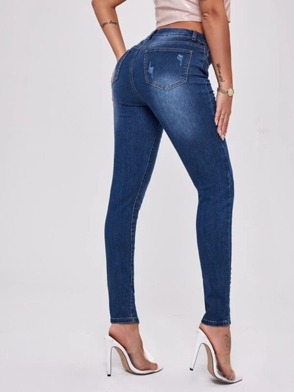 Slit Beaded Stitching Slim High Waist Stretch Jeans Women's Trousers - Closther