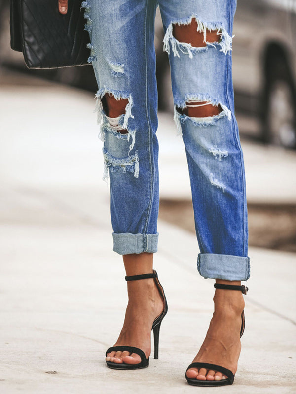 New casual washed ripped straight leg street style jeans - Closther