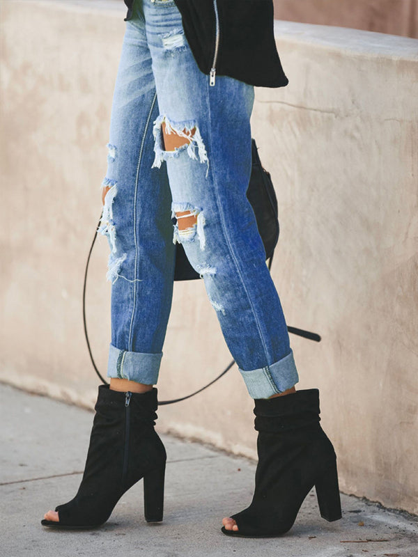 New casual washed ripped straight leg street style jeans - Closther