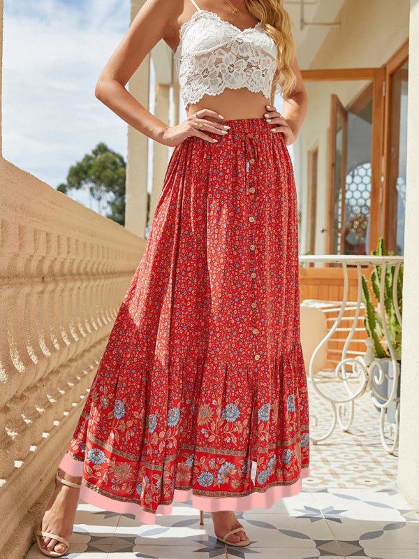 Langer Boho-Rock mit Ethno-Print, elastischem Bund, Bindeband, Knopfleiste und Schlitz – perfekt für Urlaub und Reisen 