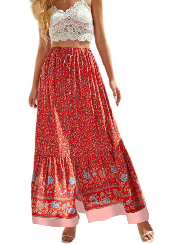 Langer Boho-Rock mit Ethno-Print, elastischem Bund, Bindeband, Knopfleiste und Schlitz – perfekt für Urlaub und Reisen 