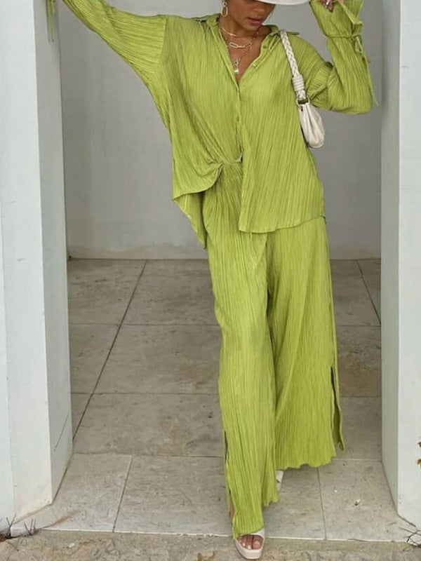 Damen-Zweiteiler: Unifarbenes, plissiertes Langarm-Cardigan-Hemd mit Schlitz und passende Hose 