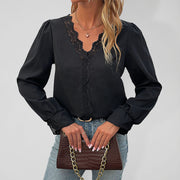 Women's black V-neck blouse with lace trim – front view