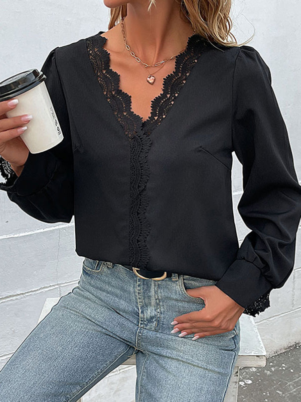 Women's woven V-neck lace long-sleeved shirt - Closther