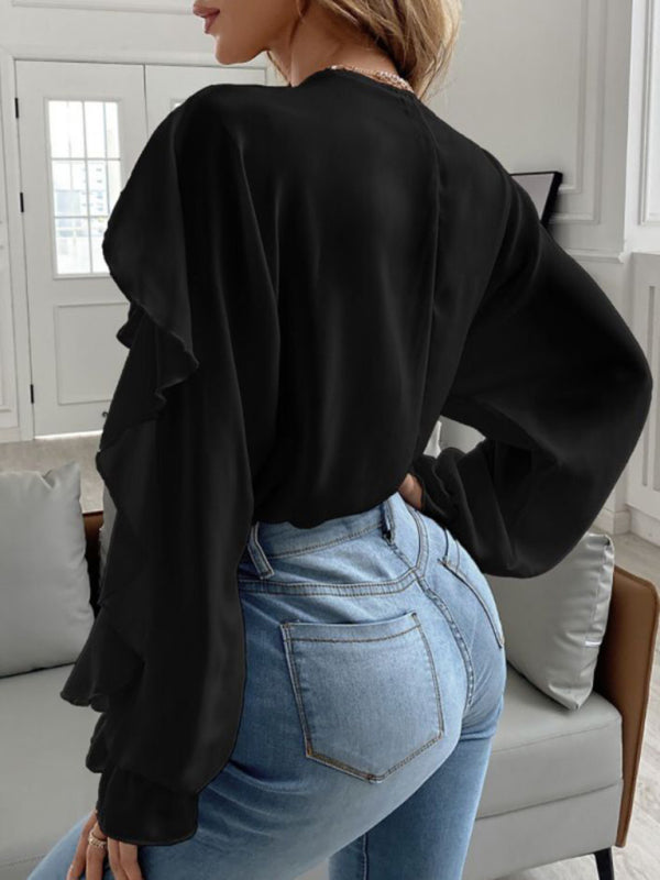 Langarmshirt mit V-Ausschnitt und Rüschen 