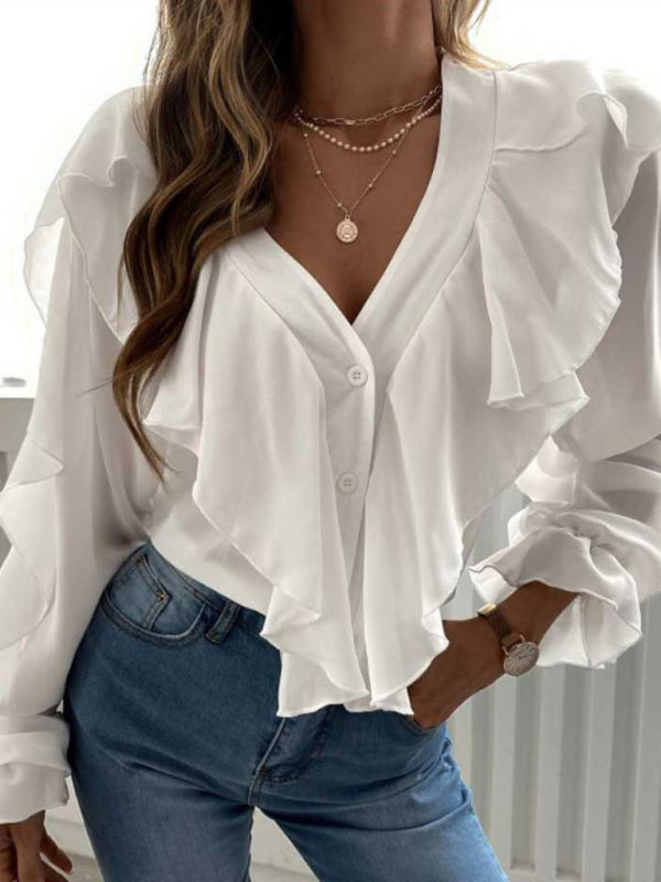Langarmshirt mit V-Ausschnitt und Rüschen 