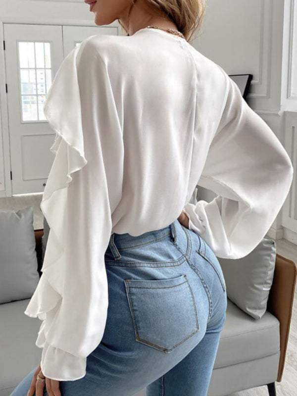 Langarmshirt mit V-Ausschnitt und Rüschen 