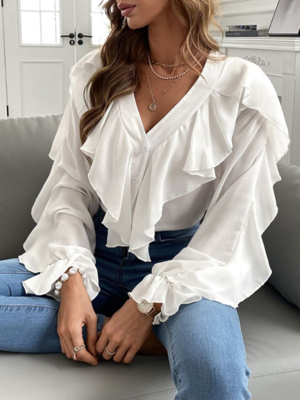 Langarmshirt mit V-Ausschnitt und Rüschen 
