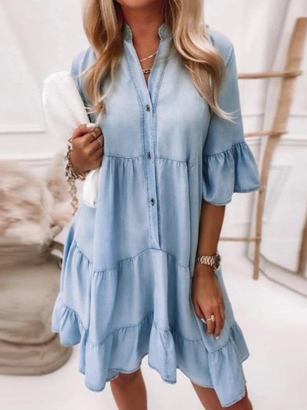 Women's solid color half-sleeved A-line denim dress - Closther