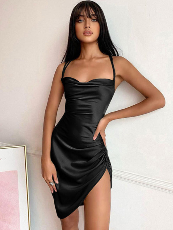 Sexy Tube-Top-Kleid mit rückenfreiem Ausschnitt, hohem Bund, Trägern und Schlitz 