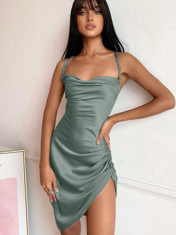 Sexy Tube-Top-Kleid mit rückenfreiem Ausschnitt, hohem Bund, Trägern und Schlitz 