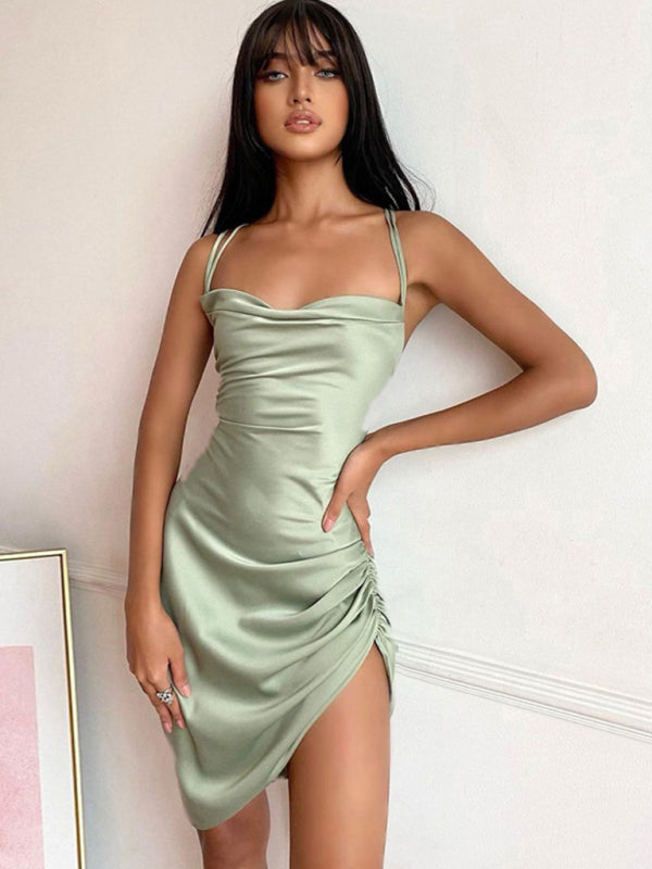 Sexy Tube-Top-Kleid mit rückenfreiem Ausschnitt, hohem Bund, Trägern und Schlitz 