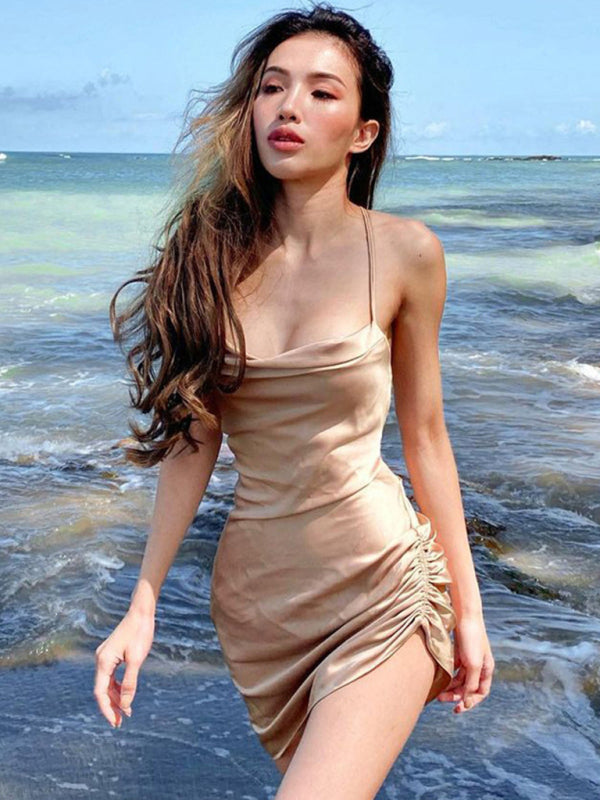 Sexy Tube-Top-Kleid mit rückenfreiem Ausschnitt, hohem Bund, Trägern und Schlitz 