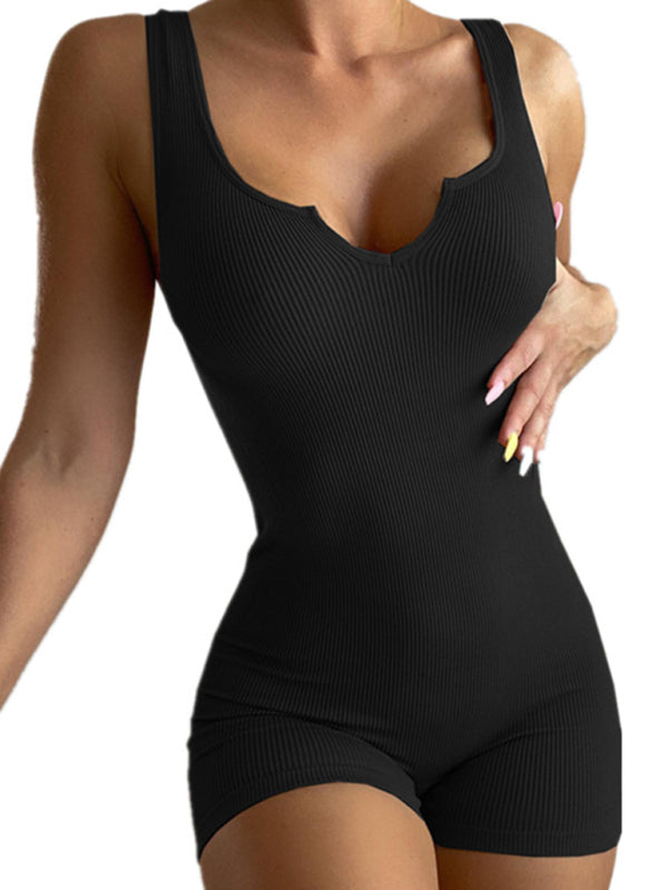 Lässiger, einfarbiger Strick-Rippstrick-Tanktop mit V-Ausschnitt und schmaler Passform – Jumpsuit 