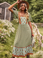 Women's Neck Bohemian Short Sleeve Midi Dress