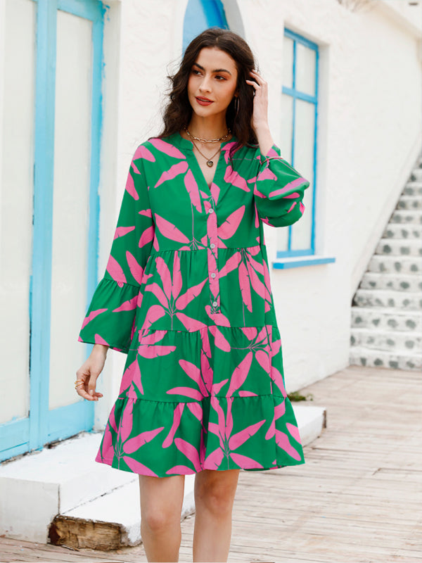 Women's floral print bell sleeve dress - Closther