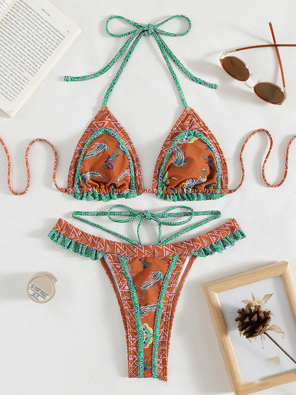 Women's ethnic print halter neck tie bikini - Closther