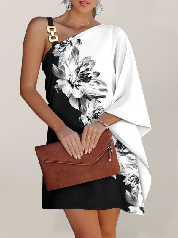 Damenmode bedrucktes, sexy trägerloses Kleid mit diagonalem Ausschnitt 