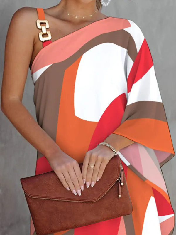 Damenmode bedrucktes, sexy trägerloses Kleid mit diagonalem Ausschnitt 