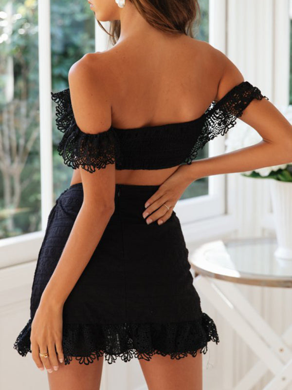Zweiteiliges Set aus sexy, einseitig schulterfreiem Spitzen-Tube-Top und Rock für Damen 