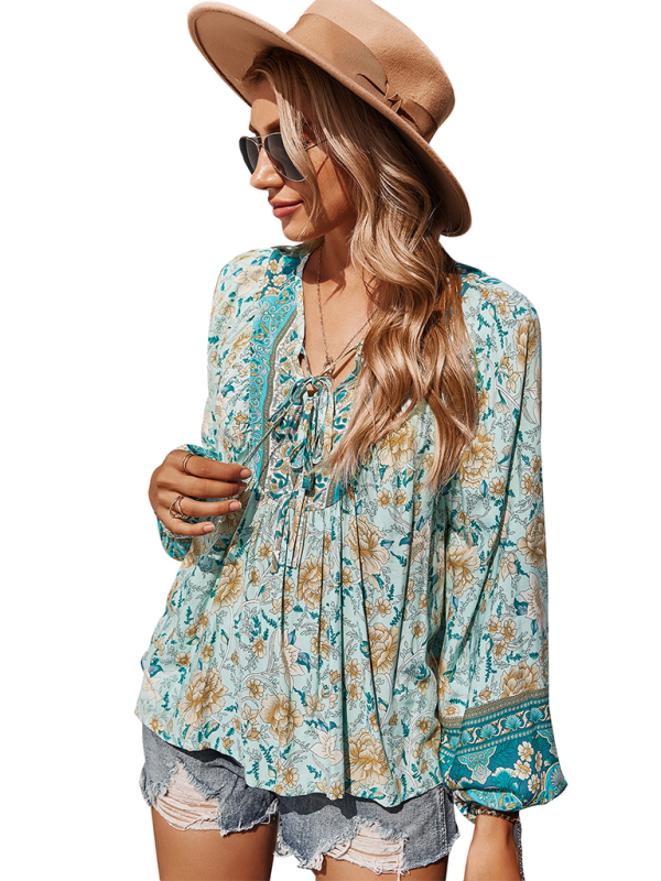 Women's bohemian print resort short sleeve blouse - Closther