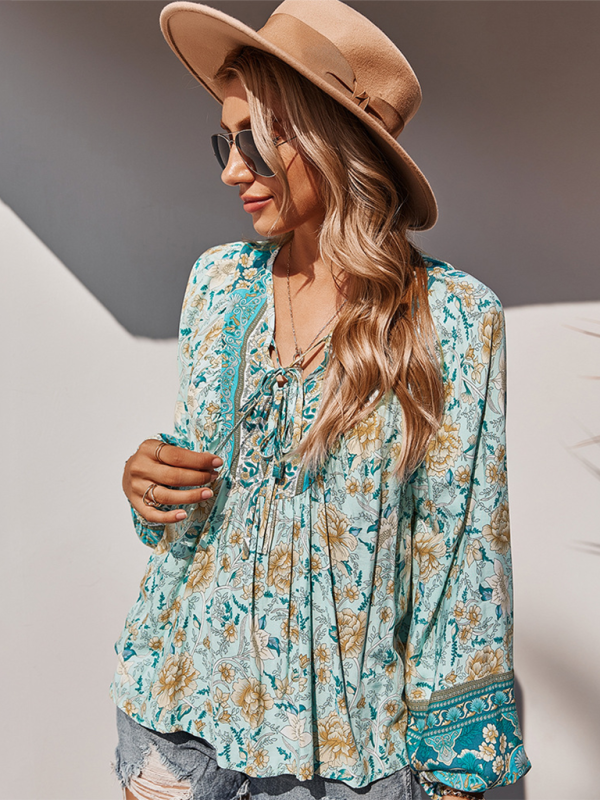 Women's bohemian print resort short sleeve blouse - Closther