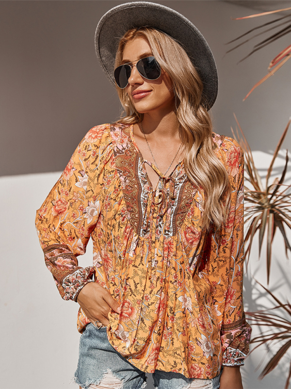 Women's bohemian print resort short sleeve blouse - Closther