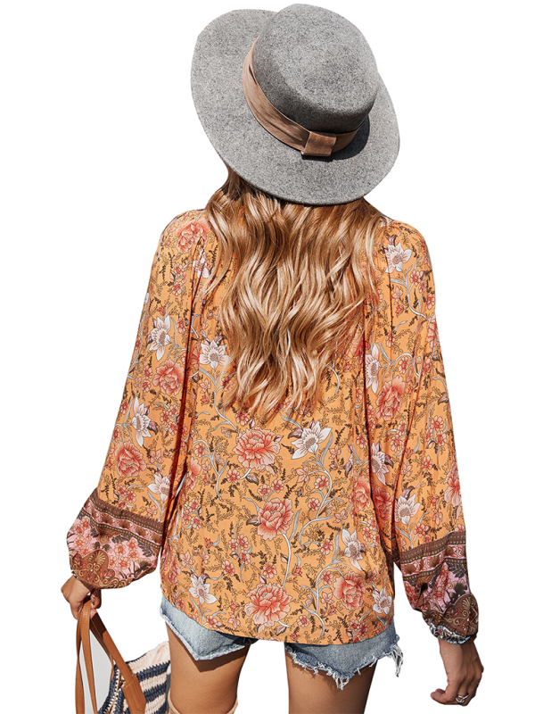 Women's bohemian print resort short sleeve blouse - Closther