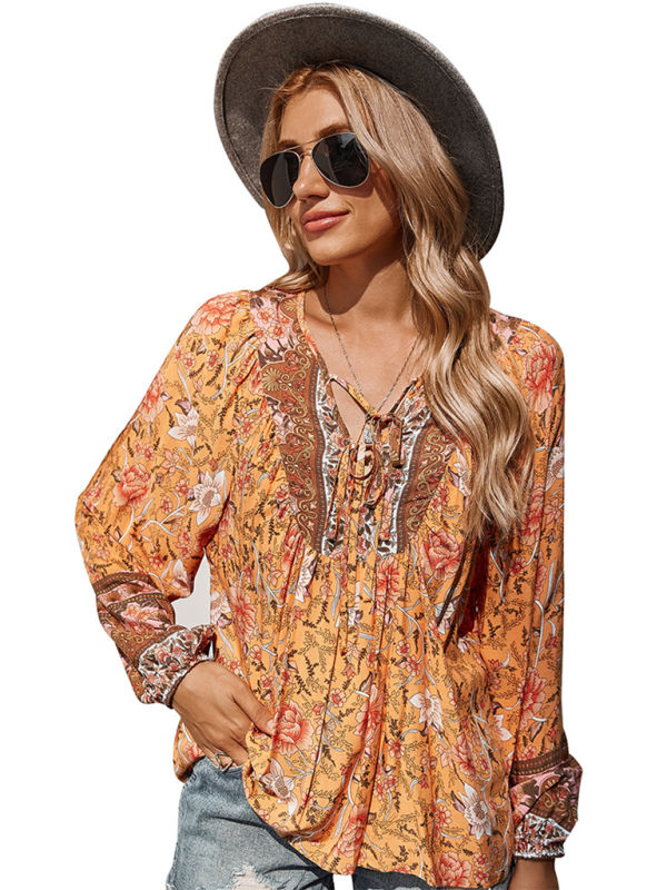 Women's bohemian print resort short sleeve blouse - Closther