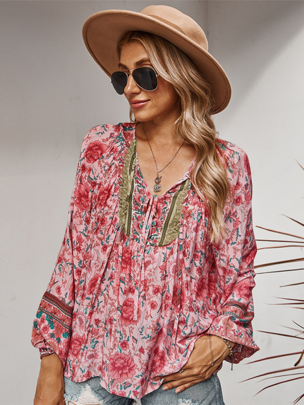 Women's bohemian print resort short sleeve blouse - Closther