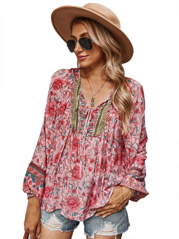 Women's bohemian print resort short sleeve blouse - Closther