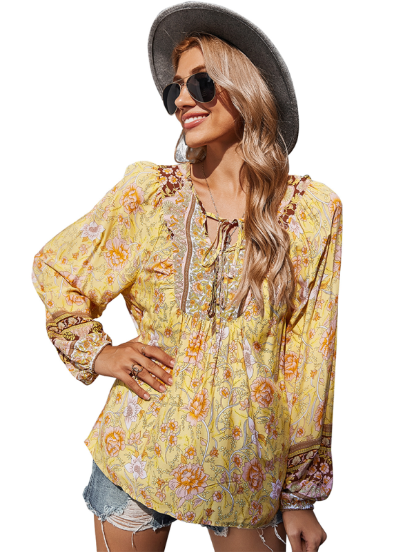 Women's bohemian print resort short sleeve blouse - Closther