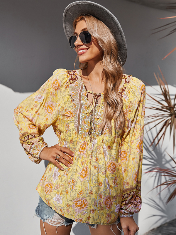 Women's bohemian print resort short sleeve blouse - Closther