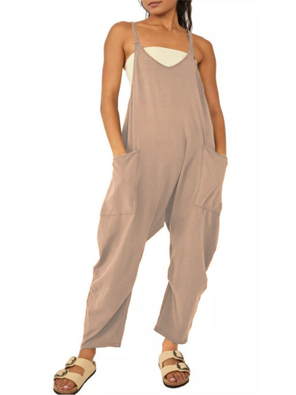 Lässiger, einfarbiger Damen-Overall mit V-Ausschnitt, Hosenträgern und Taschen 