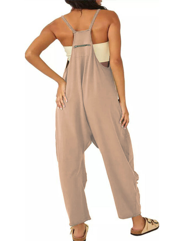 Lässiger, einfarbiger Damen-Overall mit V-Ausschnitt, Hosenträgern und Taschen 