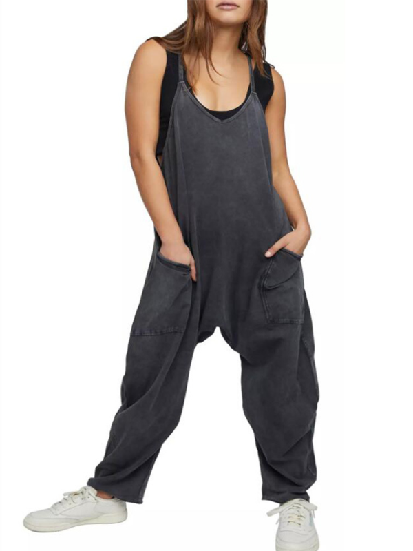 Lässiger, einfarbiger Damen-Overall mit V-Ausschnitt, Hosenträgern und Taschen 