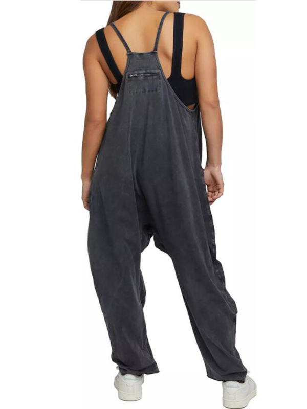 Lässiger, einfarbiger Damen-Overall mit V-Ausschnitt, Hosenträgern und Taschen 
