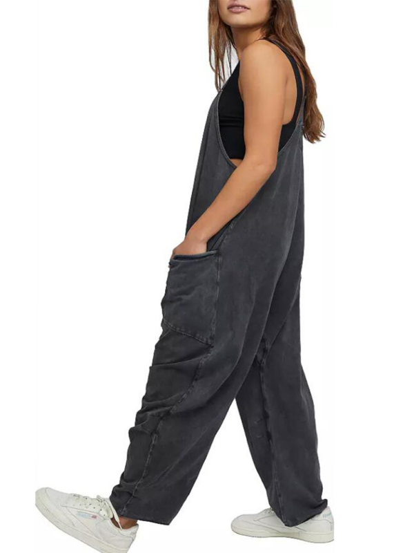Lässiger, einfarbiger Damen-Overall mit V-Ausschnitt, Hosenträgern und Taschen 