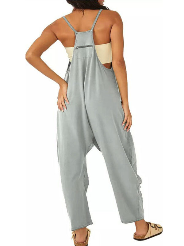 Lässiger, einfarbiger Damen-Overall mit V-Ausschnitt, Hosenträgern und Taschen 