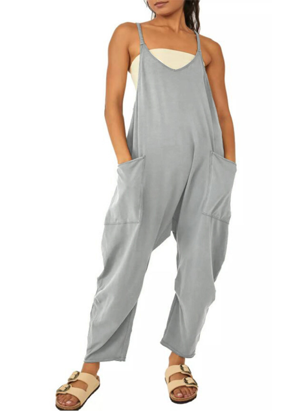 Lässiger, einfarbiger Damen-Overall mit V-Ausschnitt, Hosenträgern und Taschen 