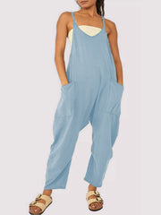 Lässiger, einfarbiger Damen-Overall mit V-Ausschnitt, Hosenträgern und Taschen 