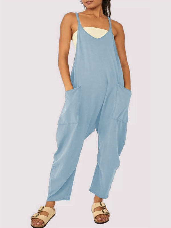 Lässiger, einfarbiger Damen-Overall mit V-Ausschnitt, Hosenträgern und Taschen 