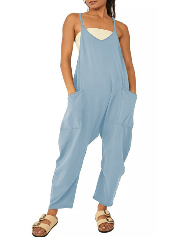 Lässiger, einfarbiger Damen-Overall mit V-Ausschnitt, Hosenträgern und Taschen 