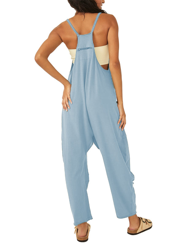 Lässiger, einfarbiger Damen-Overall mit V-Ausschnitt, Hosenträgern und Taschen 