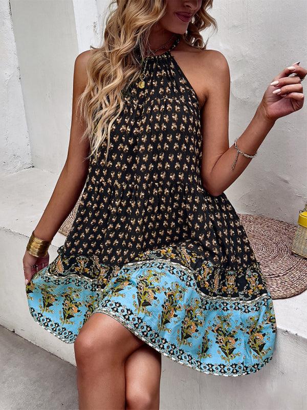 Women's bohemian print holiday halterneck dress - Closther