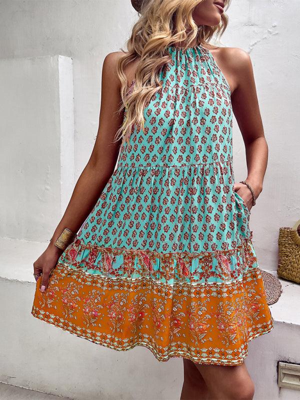 Women's bohemian print holiday halterneck dress - Closther